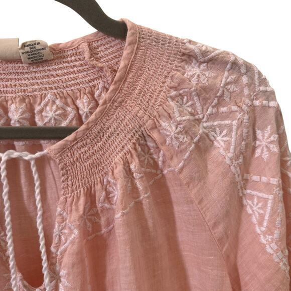Joie 100% Linen Embroidered Floral Peasant Boho Blouse Pink White Size Large - Picture 3 of 8